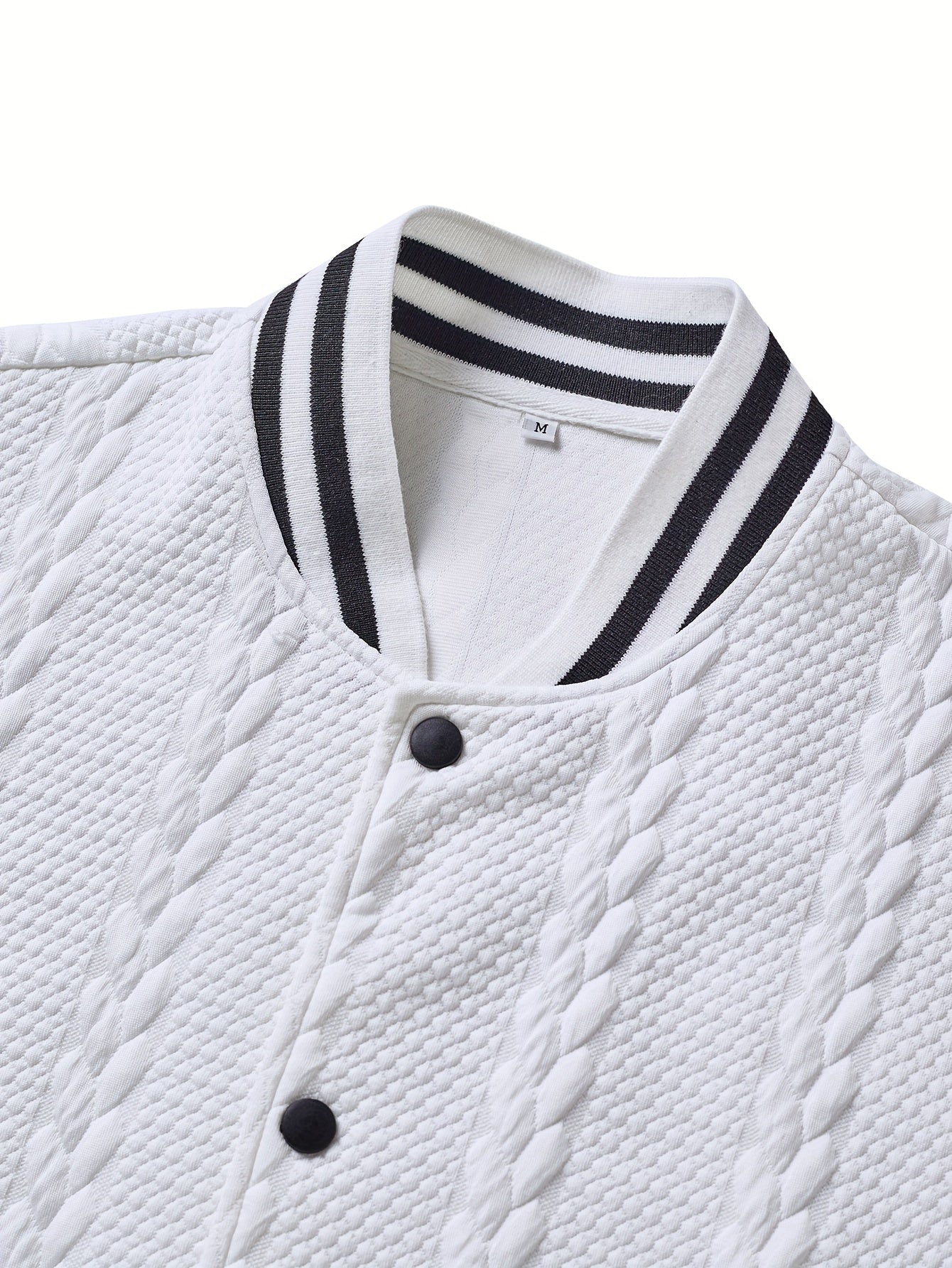 Men's Lightweight Bomber Jacket - White/Black Contrast & Dark Blue Piping, Machine-Washable Casual Coat with Button Closure, No- Design for Fall/Winter, Versatile Outerwear (Beige/Pink Shades Available) - Stylish & Breathable