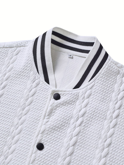 Men's Lightweight Bomber Jacket - White/Black Contrast & Dark Blue Piping, Machine-Washable Casual Coat with Button Closure, No- Design for Fall/Winter, Versatile Outerwear (Beige/Pink Shades Available) - Stylish & Breathable