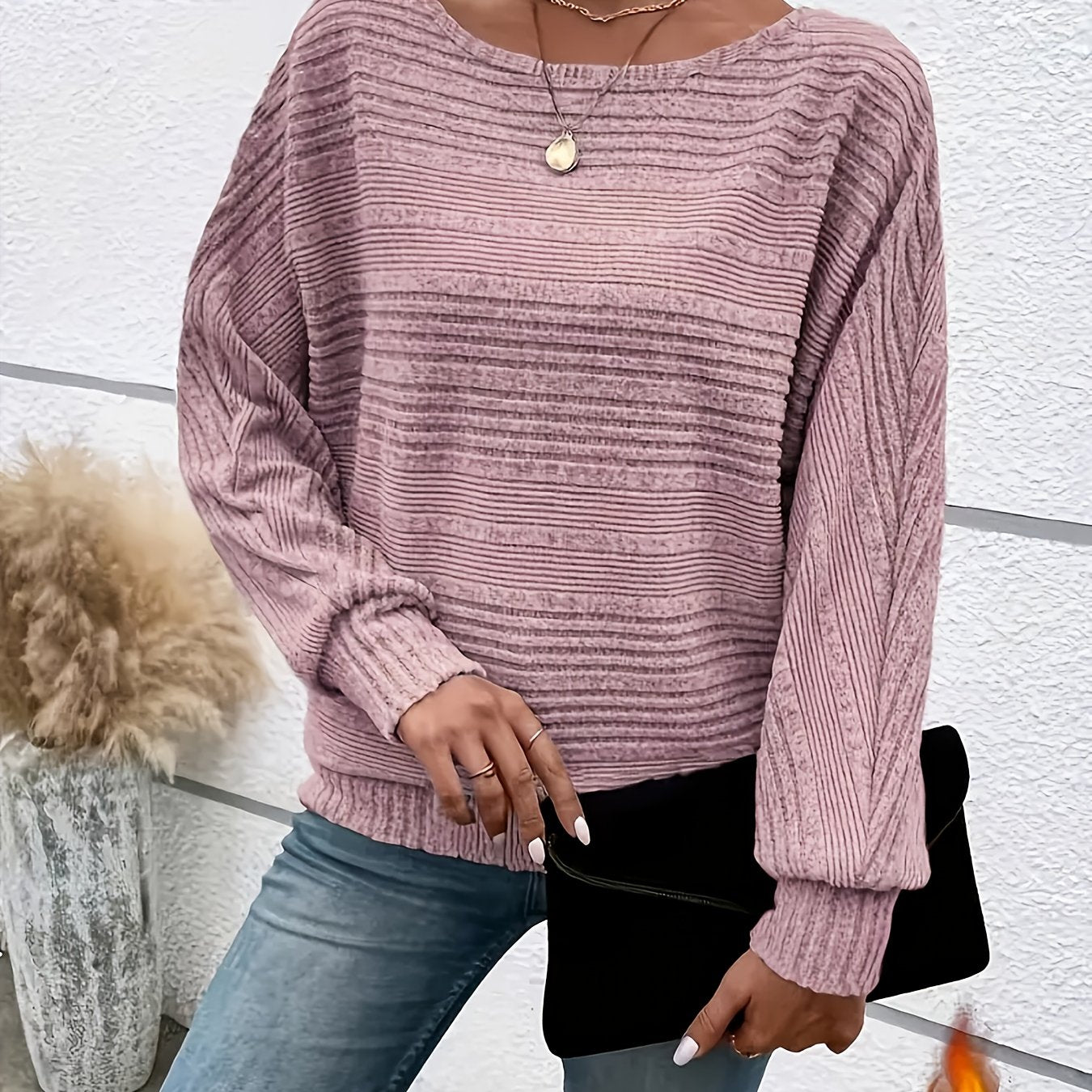 1 հատ Women'S Casual Crew Neck Knit T-shirt - պոլիեսթեր պինդ գույնի երկարաթև վերնաշապիկ գարնան/աշունի համար