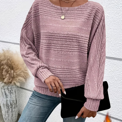 1 հատ Women'S Casual Crew Neck Knit T-shirt - պոլիեսթեր պինդ գույնի երկարաթև վերնաշապիկ գարնան/աշունի համար