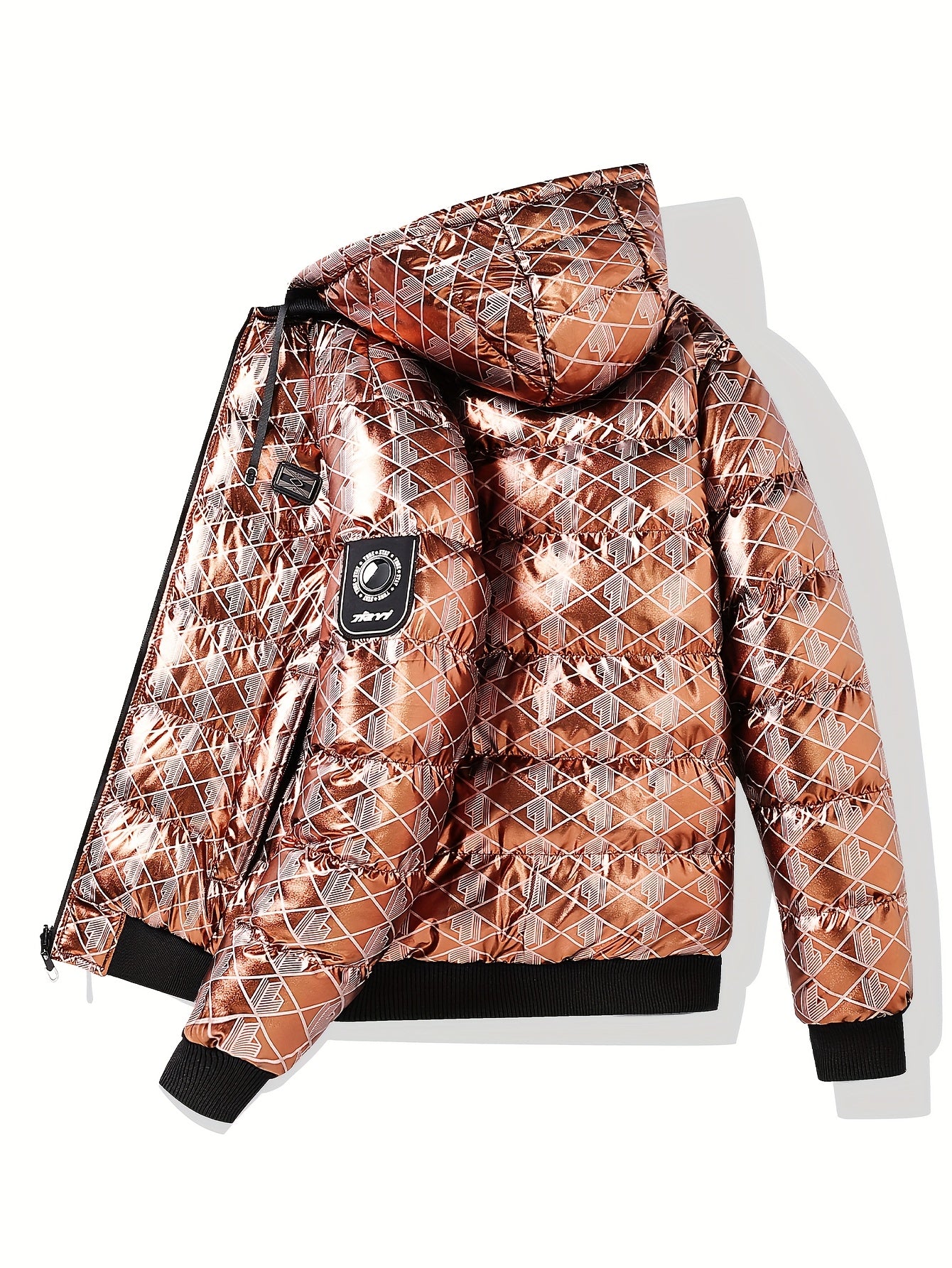 Men'S Stylish Hooded Winter Jacket - Thickened, Warm, and Trendy with Geometric Pattern, Black with Orange Accents, Polyester Filler, Perfect for Cold Weather, Winter Jacket Hooded