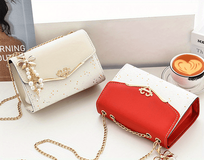Elegant Women'S Sequin Chain Crossbody Bag - White Shoulder Purse with Golden-Tone Hardware & Decorative Pendant, Perfect for Festivals & Parties, Festival Shoulder Bag | Elegant Chain Strap | Decorative Pendant, Novelty Purs