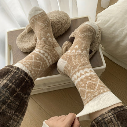 5 Pairs Women's Warm Winter Socks with Ethnic Diamond Pattern