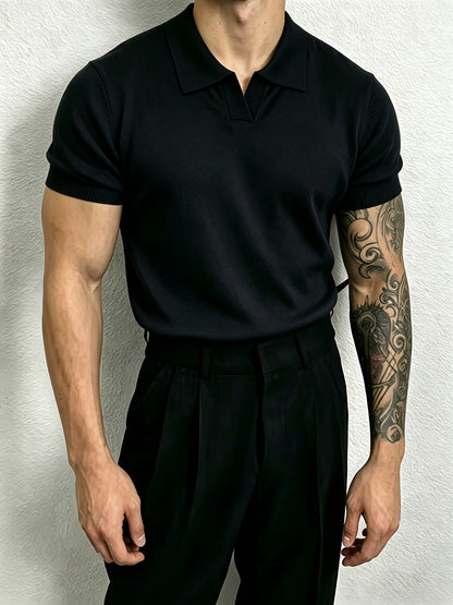 Men's Knit Polo Shirt with Geometric Pattern - Lightweight Summer Styl