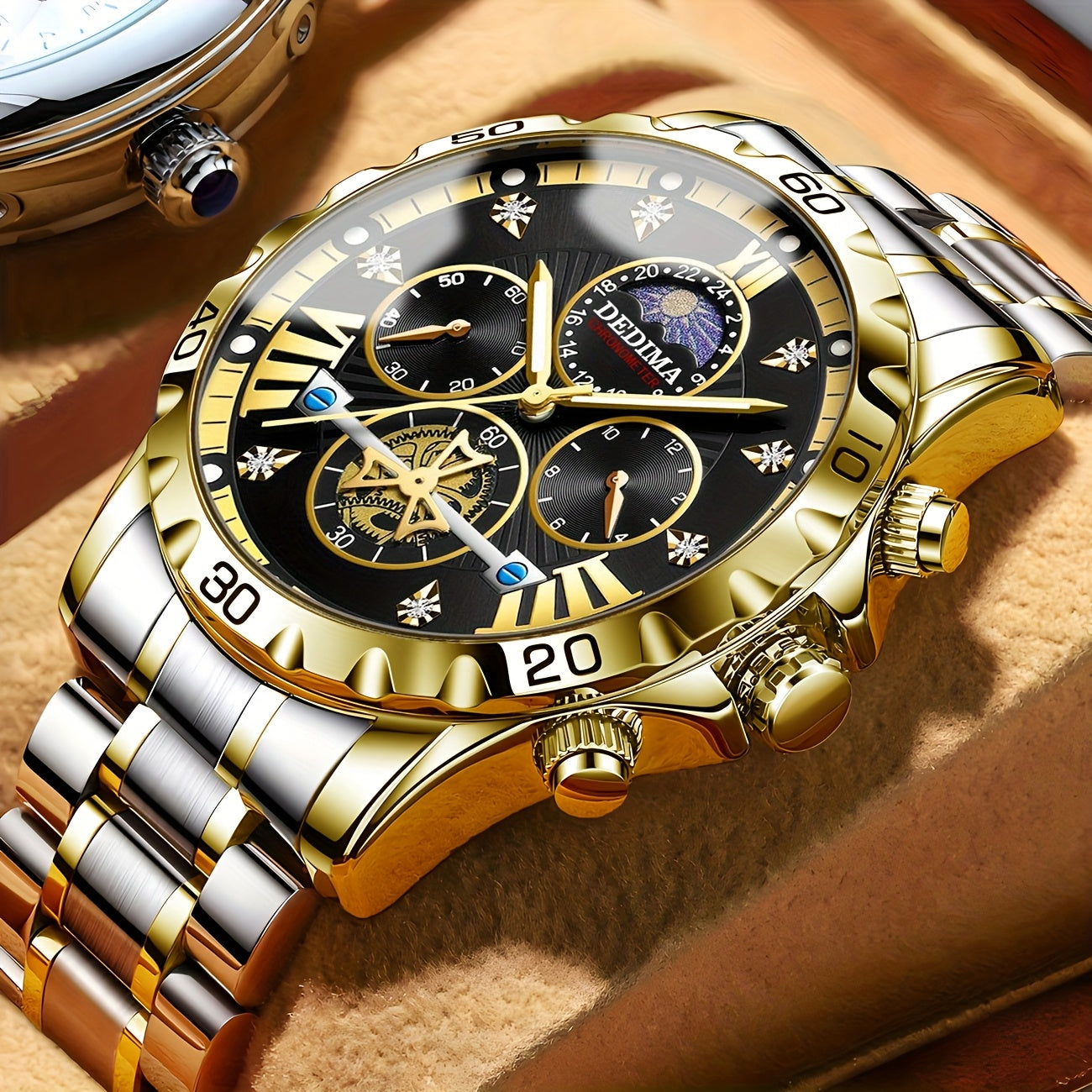 Elegant Men's Stainless Steel Sports Watch with Rhinestone Accents, 24-Hour/Calendar/Stopwatch Functions - Perfect for Halloween, Thanksgiving, Father's Day - ayq