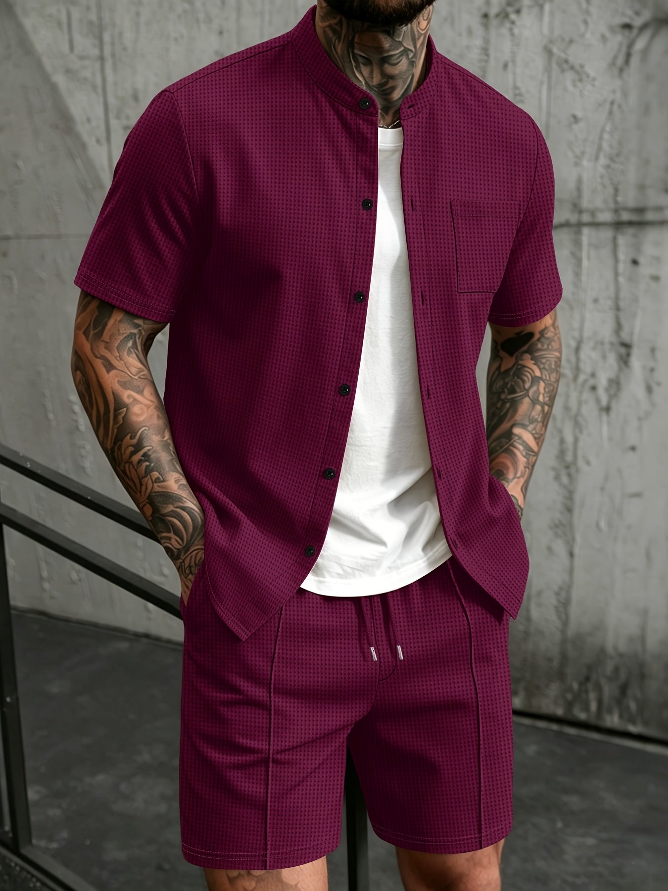 Men's Casual Mandarin Collar Short Sleeve Shirt and Drawstring Pants