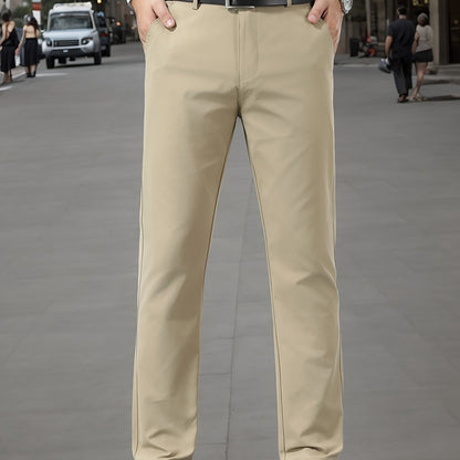 Men's Sleek Stretch Dress Pants - Solid Color Black, Comfort Fit with Subtle Stretch, Polyester Fabric, Mid-Rise, Machine Washable, Perfect for Business Casual & All-Season Wear, Business Casual Pants | Sleek Trousers | Easyc