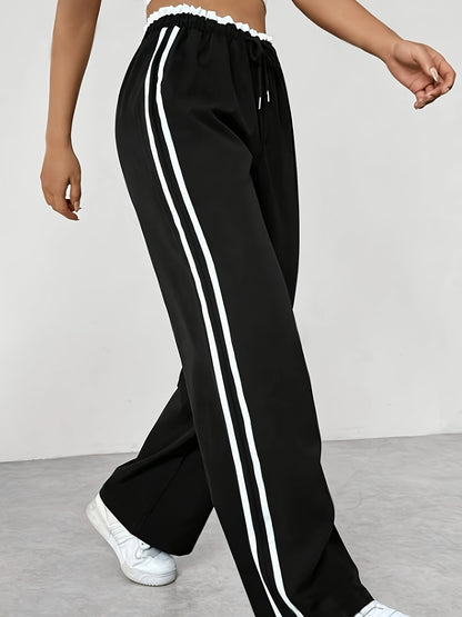Women's Color-Matching Drawn White Stripe Paper Bag Waist Casual Pants
