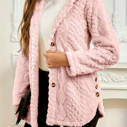 Elegant Pink Faux Fur Coat for Women - Chic Button-Front Hooded Jacket with Sleek Collar, Long Sleeves, and Ribbed Detailing - Perfect for Fall & Winter, Hand or Dry Clean Only