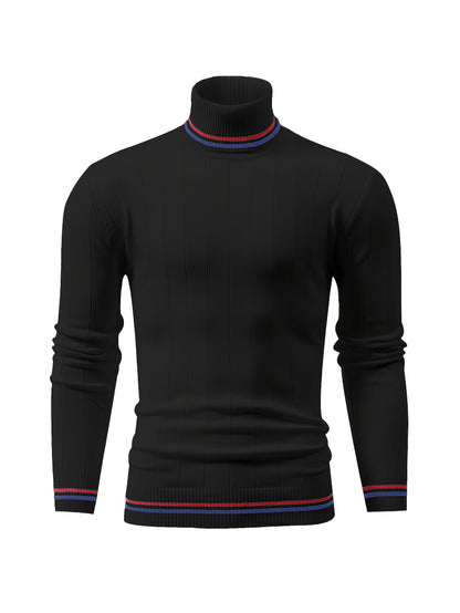 Temujin OBM Men's College Style Fashion New Color Block Striped High Neck Knit Long Sleeve Pullover Sweater