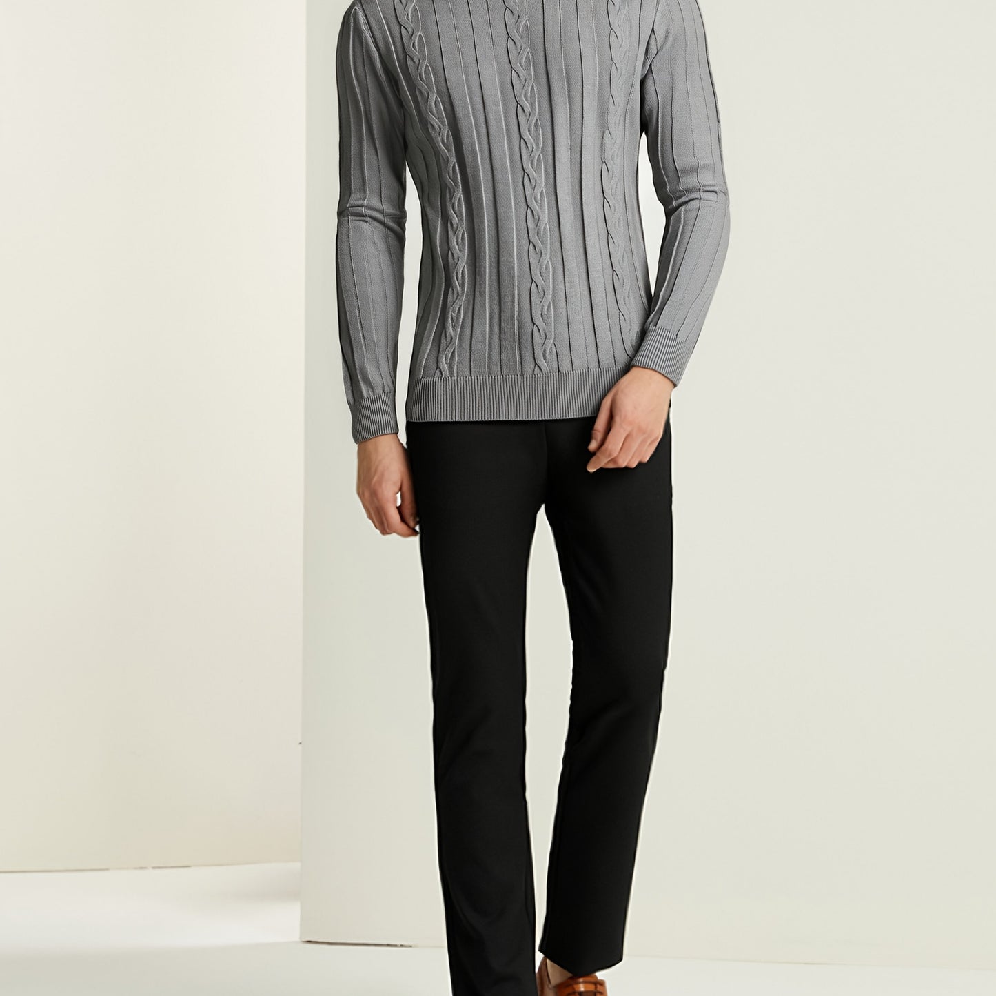 Men's Mature Slim-Fit High-Neck Long-Sleeve Sweater, Casual Ribbed Knit Pullover Solid Color Sweater, Men's Winter Clothing, Men's Sweater, Christmas Sweater, Men's Christmas Sweater, Winter Men's Apparel, New Year's Apparel,