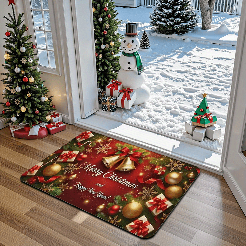 1pc Christmas & New Year Welcome Mat with Merry Christmas & Happy New Year Greeting, Red/Golden/Green Holiday Design, Non-Slip Backing, Heavy-Duty 600g/m² Polyester, Machine Washable Indoor/Outdoor Door Mat with Pine Branche
