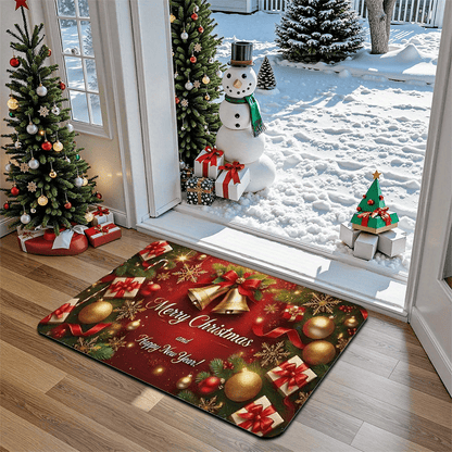 1pc Christmas & New Year Welcome Mat with Merry Christmas & Happy New Year Greeting, Red/Golden/Green Holiday Design, Non-Slip Backing, Heavy-Duty 600g/m² Polyester, Machine Washable Indoor/Outdoor Door Mat with Pine Branche