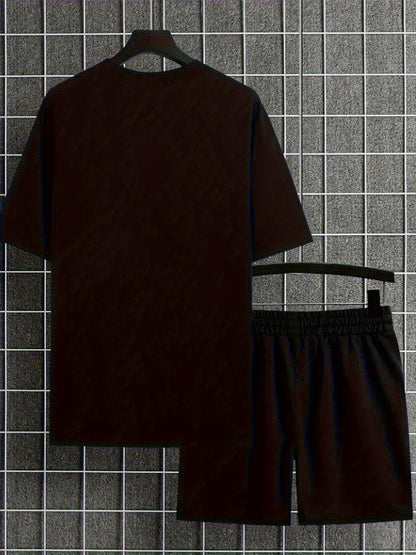 New Summer Men's Printed 2pcs Fashion Casual Suit, Round Neck Short Sleeve T-shirt and Waistband Shorts Set