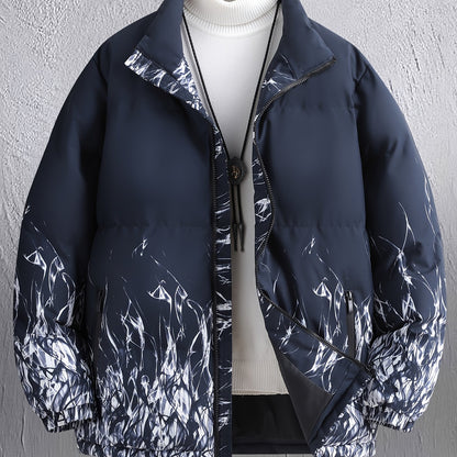 Men'S Heavyweight Winter Jacket - Full-Zip Hooded Coat with Stand Collar, Navy Blue Cold Weather Outerwear, Polyester Insulated Jacket for Everyday & Formal Events, Non-Stretch Fabric, Zipper Closure, Winter Coats, Formal Eve