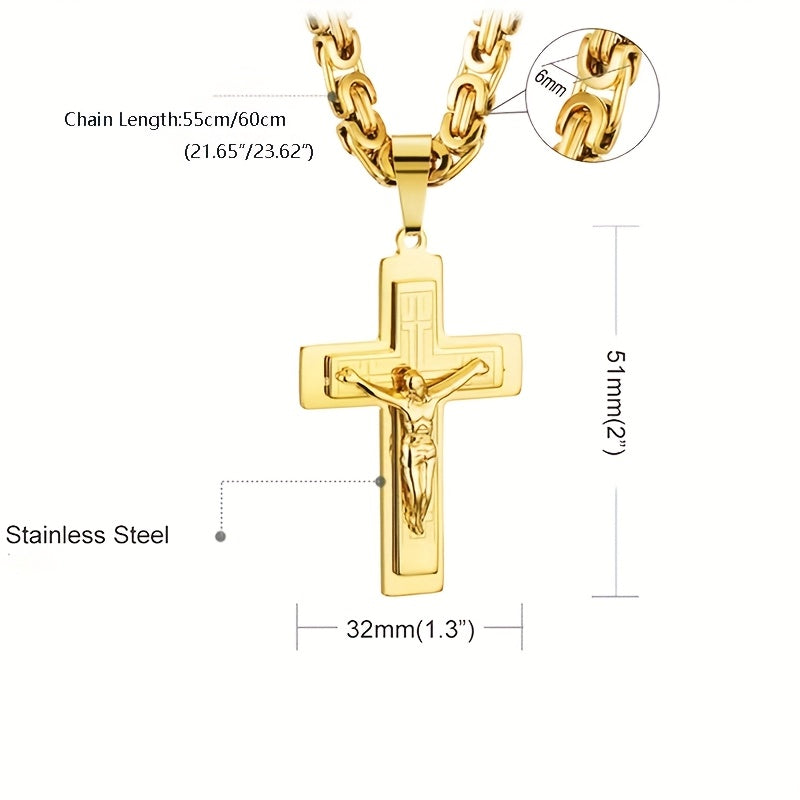 Men's Stainless Steel Fashion Pendant Three-Layer Cross with U-Shaped Handmade Flat Necklace in Steel Color