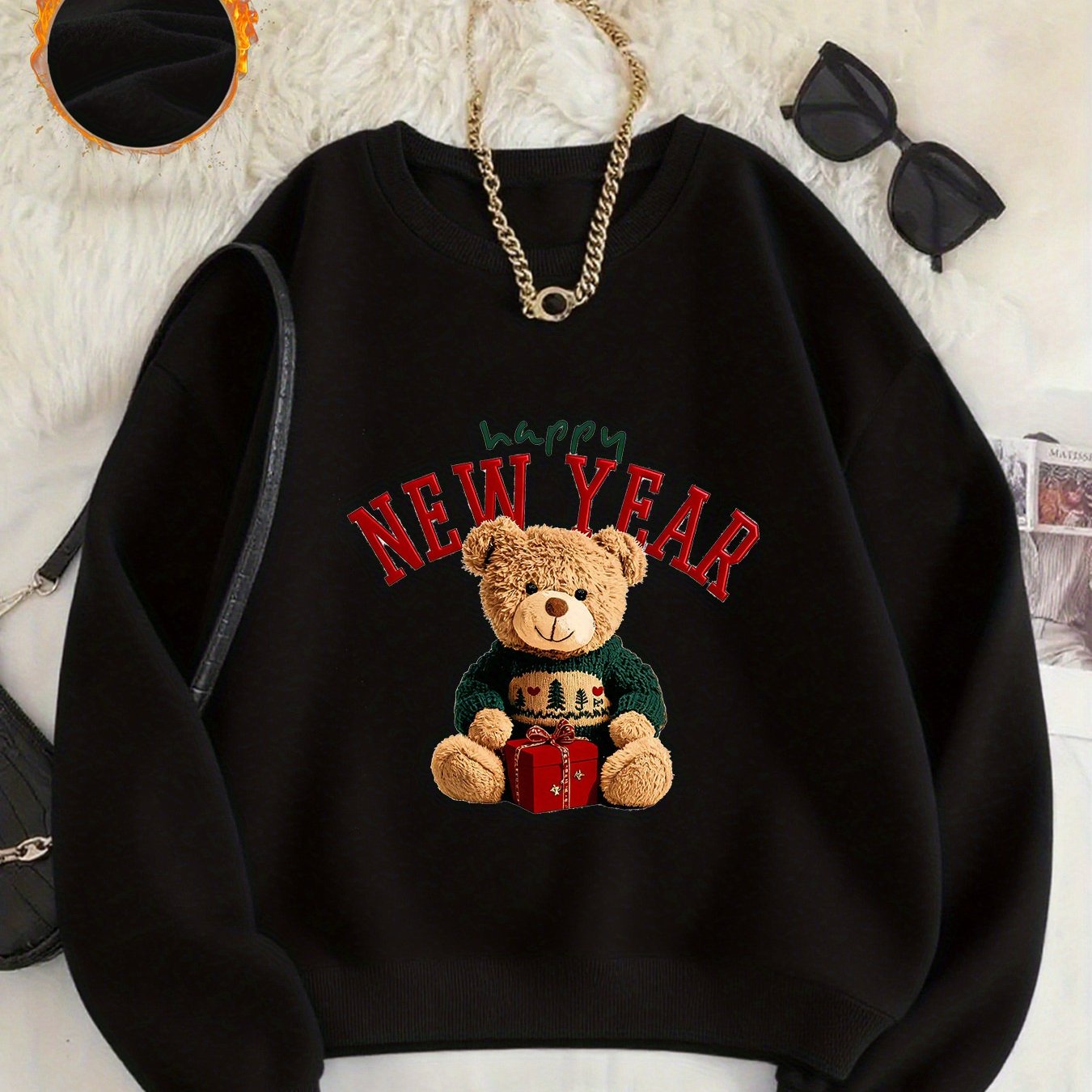 -Lined Women's Crewneck Pullover, Casual Printed Versatile Sweatshirt, Multiple Colors Available