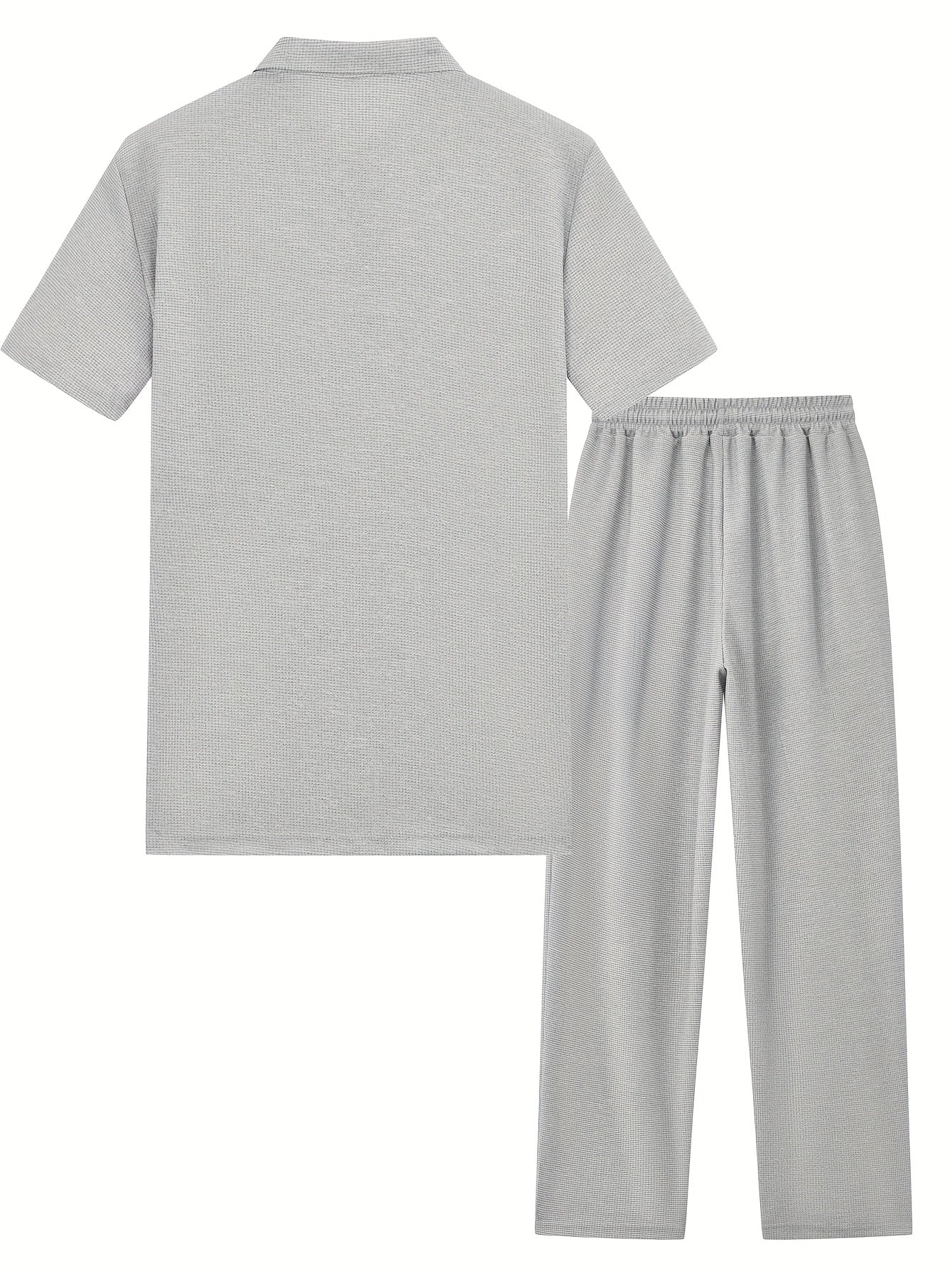 Men's 2pcs Waffle Knit Casual Outfit: Zip-Up Short Sleeve Collared Shirt & Drawstring Pants - Black, Polyester Blend, Ideal for Casual Attire in Spring/Summer