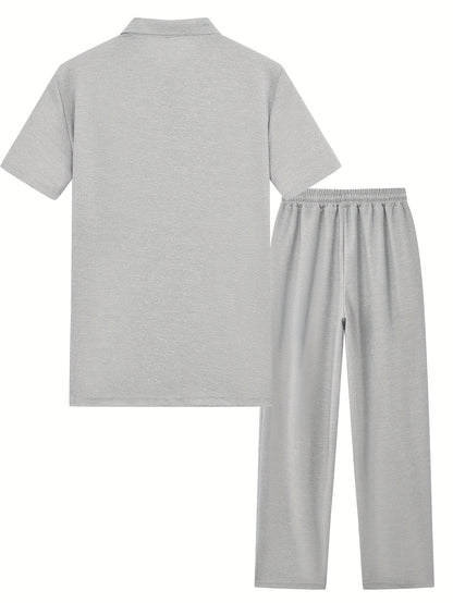 Men's 2pcs Waffle Knit Casual Outfit: Zip-Up Short Sleeve Collared Shirt & Drawstring Pants - Black, Polyester Blend, Ideal for Casual Attire in Spring/Summer