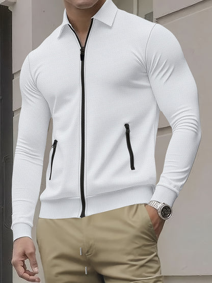 Men'S Lightweight Waffle-Knit Zip-Up Jacket - Casual Long Sleeve with Pockets, Loose Fit for Spring & Fall, Gray, Perfect for Outdoor Activities, Running, and Evening Outings, Spring Fall Clothing | Waffle Texture | Durable C