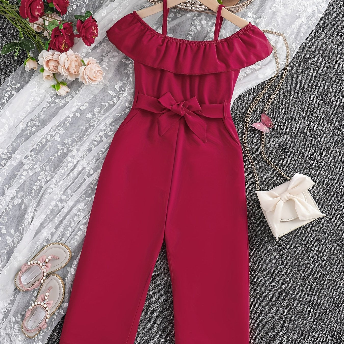 Girls Ruffle Cami Romper Belt Off Shoulder Նրբագեղ ամառային գարուն աշուն մանկական հագուստ