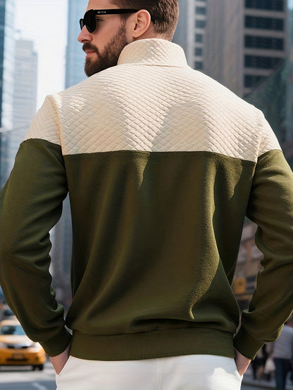 Men's Casual Half-Zip Color Block Sweatshirt with Kangaroo Pocket - ayq