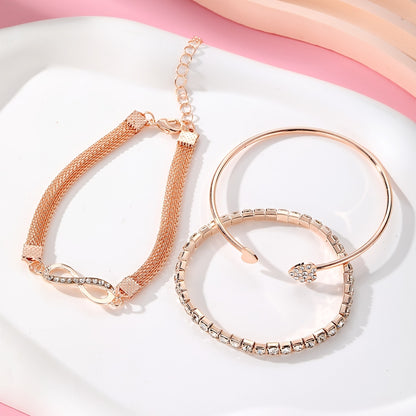 3pcs Vintage Elegant Rhinestone Bracelet Set, Adjustable Heart & Infinity Symbol Bangle, Women'S Alloy Open Cuff, Daily & Gift Occasion, All-Season Jewelry Collection