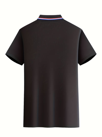 A Single-pc Men'S Polo Shirt with Letter Patterns, Golf Shirt, Breathable Fabric, Cool And Comfortable | Soft And Breathable, Striped Short-Sleeve T-Shirt with Button Details, Solid Color Casual, Regular Fit Multi-Color Set, - ayq