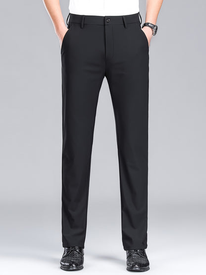 Men'S Navy Blue Straight Leg Dress Pants - Casual Style, Polyester Fabric with Slight Stretch, Mid Waist, Button Closure, No Belt, Regular Fit, Outdoor & Office Wear, Office Attire|Straight Leg Pants|Polyester Fabric