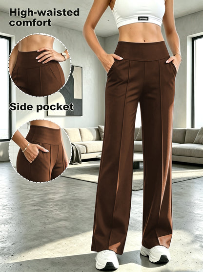 Women's High-Waist Tummy Control Wide-Leg Pants with Pockets