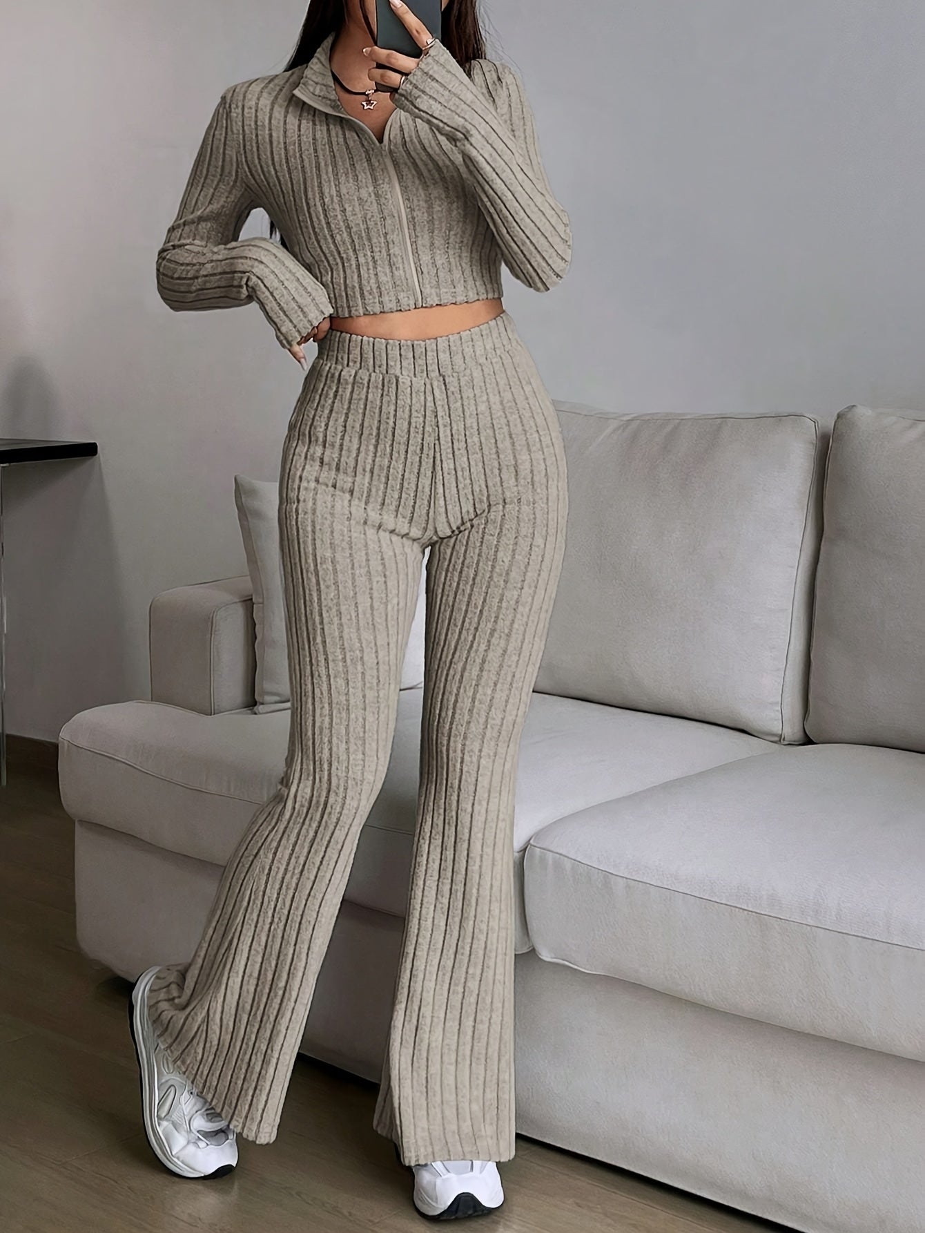 Elegant Zipper Cardigan & Wide Leg Pants Two-Piece Set