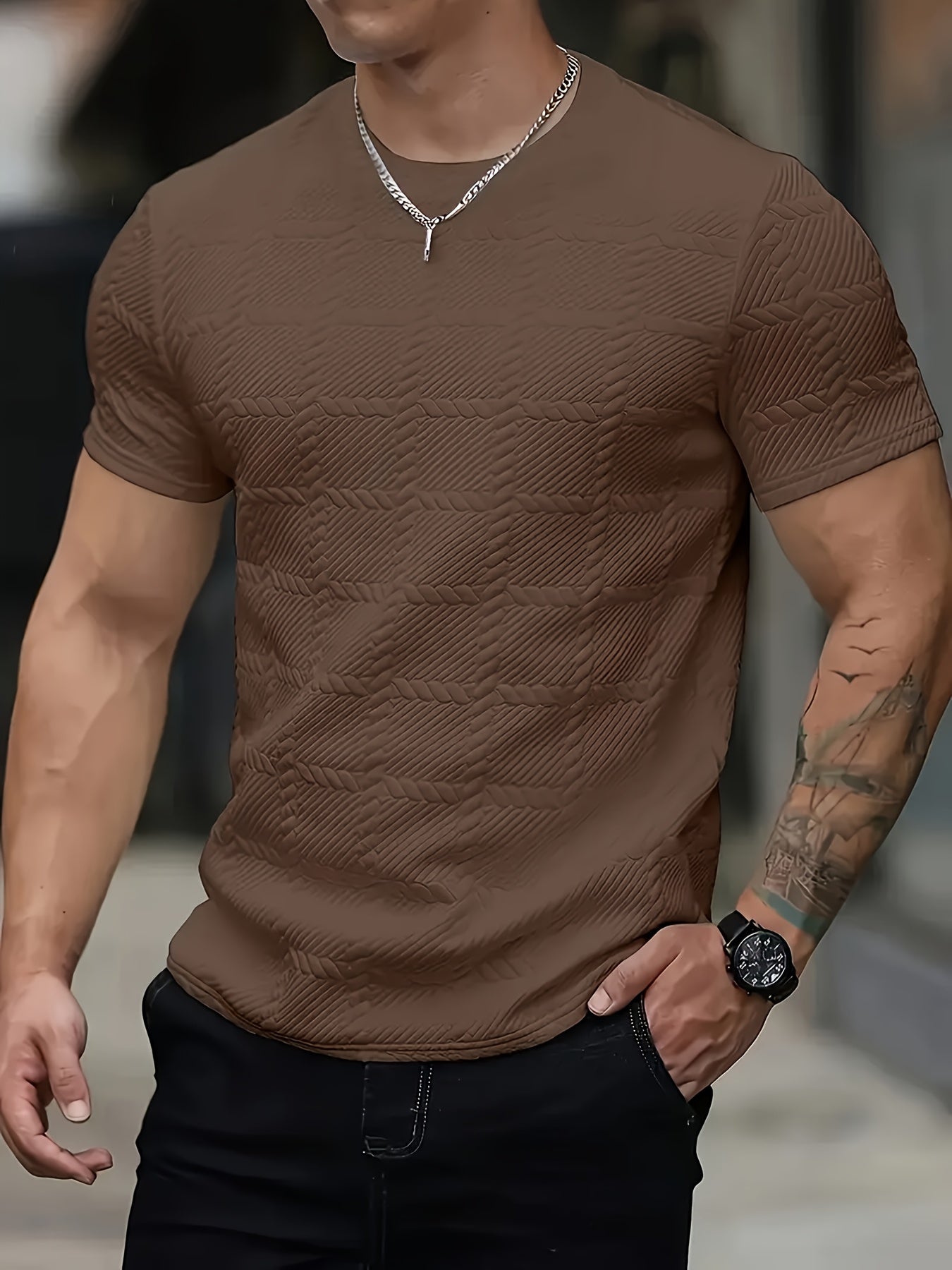 Men'S Casual Jacquard Knit Short-Sleeve T-Shirt - Featuring a Stylish Geometric Pattern, Round Neck, Comfortable for All Seasons, Perfect for Casual Wear - ayq