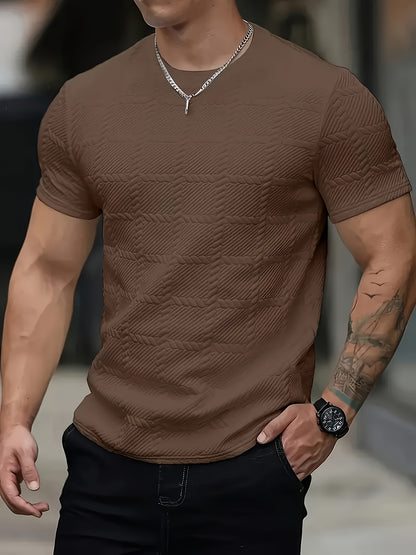 Men'S Casual Jacquard Knit Short-Sleeve T-Shirt - Featuring a Stylish Geometric Pattern, Round Neck, Comfortable for All Seasons, Perfect for Casual Wear - ayq