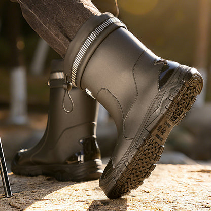 Unisex Mid-Calf Rubber Rain Boots with Drawstring Closure