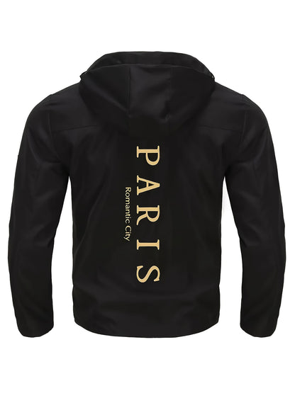 Men's Heavy-Duty Winter Hooded Jacket with Paris Print & French Label-Like Pocket - Full-Zip Full-Length Coat, Slim-Fit Casual Outerwear (Machine Washable) - Blue/Golden for Business & Everyday Use (), Mens Clothes, Workwear