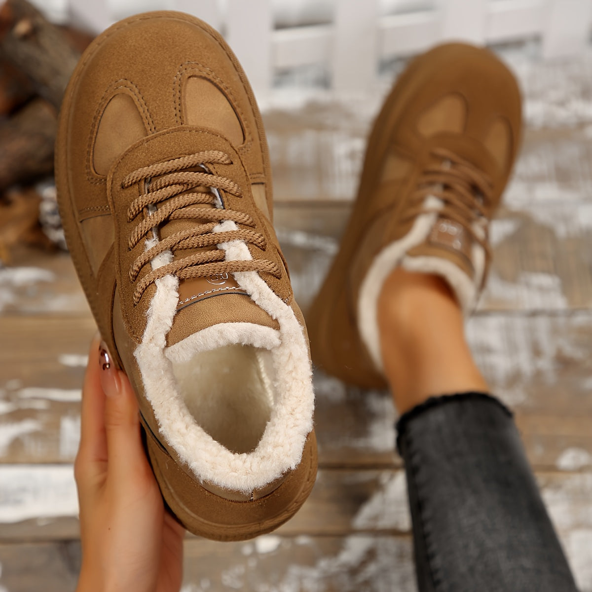 Women's Cozy Fleece-Lined Winter Sneakers - Thick Sole, Non-Slip, Lace-Up Casual Shoes for Outdoor Comfort