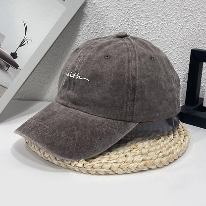 Vintage Street Style Water Wash Denim Polyester Baseball Cap, Faith Print, for Men, Women