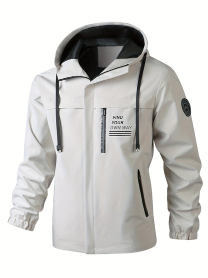 Men'S Stylish Black Hooded Windbreaker Jacket with Zipper Pockets - Casual, Loose Fit, Long Sleeve, Polyester Lining, Perfect for Spring and Fall, Casual Wear Jacket|Hooded Jacket|Zippered Jacke