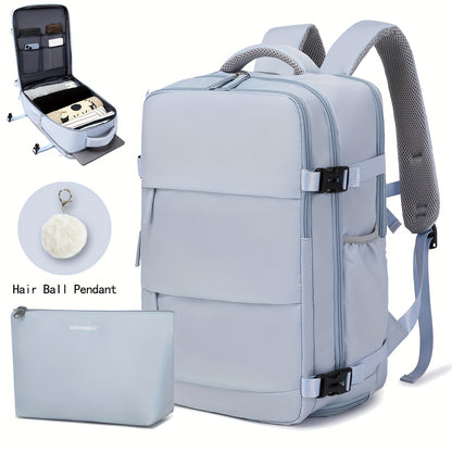 Airline-Approved 38.1cm Laptop Travel Backpack for Women, Light Blue Polyester with Adjustable Straps, Shoe Compartment & USB Charging Port - Ideal for School & Work Trips, Laptop Bag
