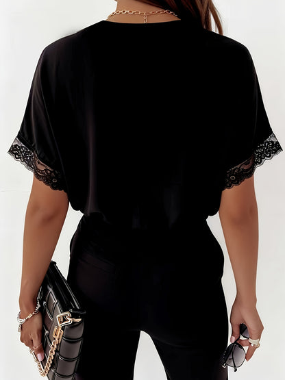 Elegant Black Lace Trim V-Neck Polyester Top