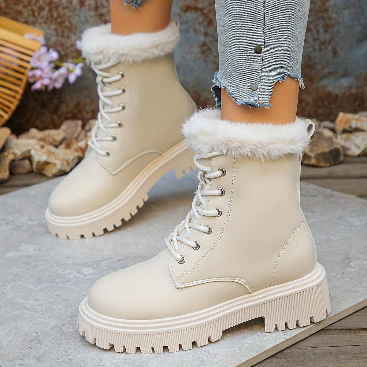 Women'S Elegant White Fleece-Lined Ankle Boots with Side Zipper - Cozy Round Toe Platform Heel, Comfortable Fabric Lining & Durable PVC Sole for Casual Winter Wear, Travel & Everyday Outfits, Winter Boots, Travel Footwear, Pl