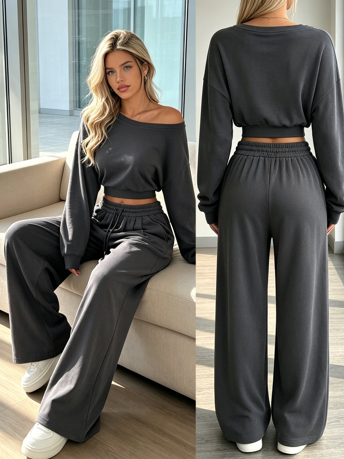Women's Fall/Winter Off-Shoulder Sweatshirt & Wide-Leg Sweatpants Set - ayq