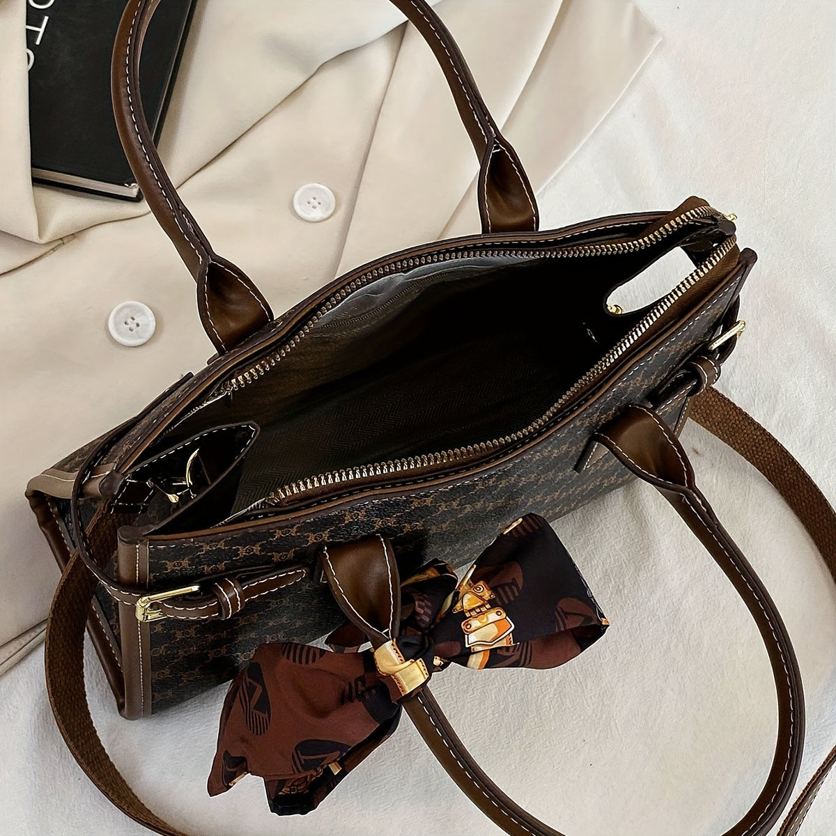 Created-Rubynet Large Handbag with Greek Key & Bow Design - Deep Brown Handbag, Golden-Tone Hardware, Fashion Bag for Ladies, Fashion Bags, Round Handbag, Fashionable Bags, Handbags Aesthetic, Large Soft Purse, Rectangular Ha