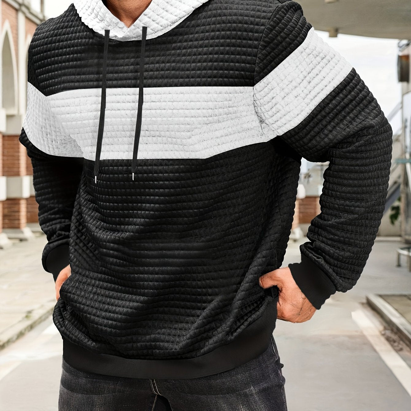 Նորաձև գլխարկով սվիտեր | Տղամարդու առօրյա սվիտեր թեթևակի ձգվող գործվածքից, երկար թևքերով, գրպանային դետալներով, միագույն նախշերով՝ գարուն/աշուն