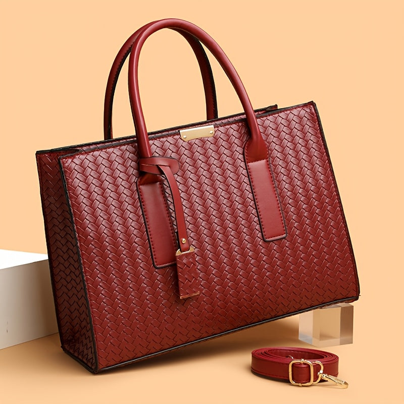 Large Woven Ladies Handbag with Removable Strap and Metal Buckle