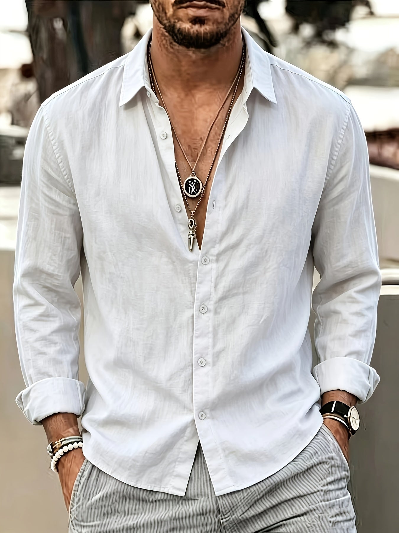 Men's Linen Blend Long Sleeve Casual Shirt for Spring Summer