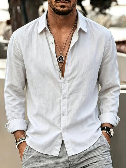 Men's Linen Blend Long Sleeve Casual Shirt for Spring Summer