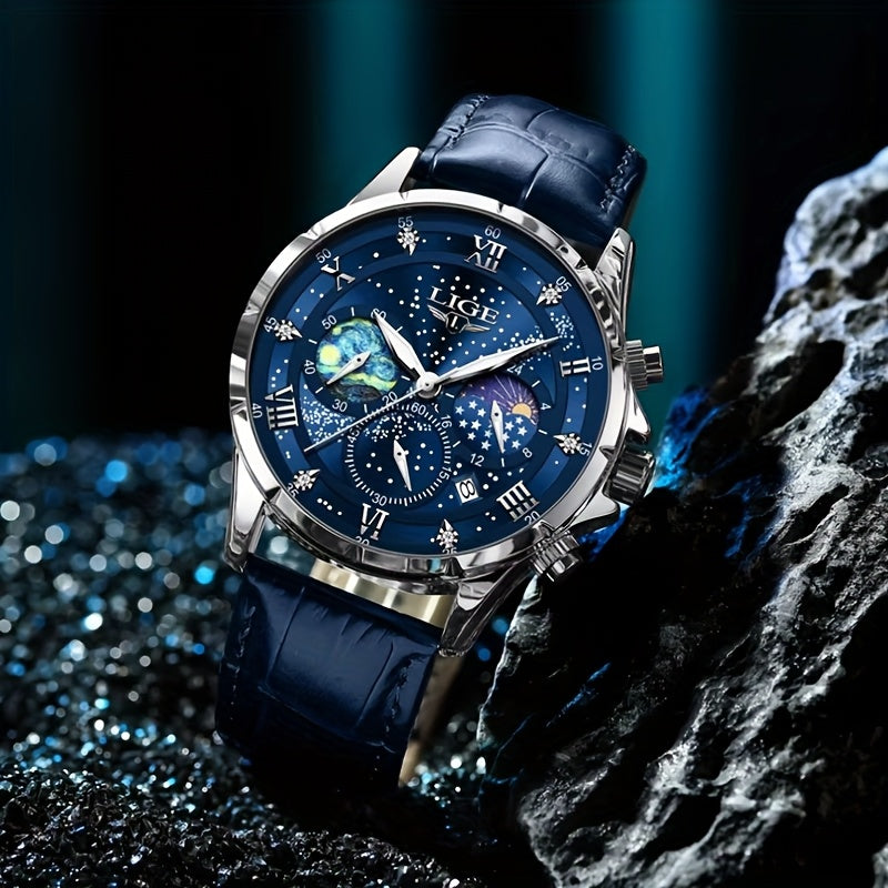 LIGE Luxury Quartz Chronograph Watch with Luminous Hands - Elegant Round Alloy Case, Blue Dial with Roman Numerals, Starry Night Design, Button Battery, Faux Leather Strap, Stylish Accessory|Starry Night Design|Luminous Hands