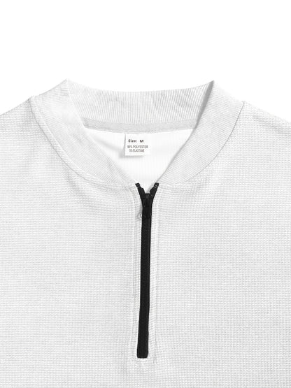 Men's Waffle Knit Zipper Shirt, Rib Collar Short Sleeve T-Shirt, Casual Breathable Summer Top - ayq
