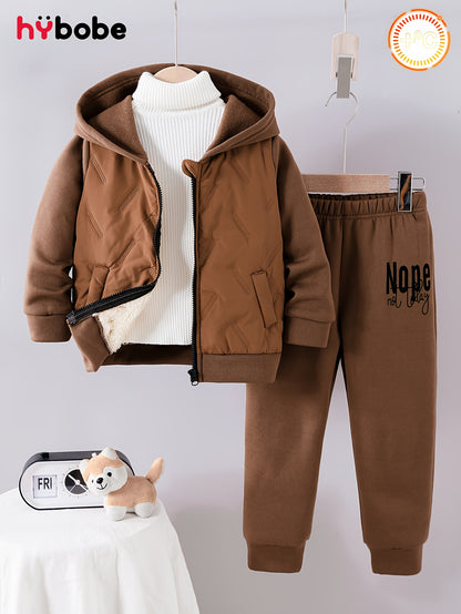 Boys' Fashion Set, Autumn/Winter Coffee Brown Hooded Lined Warm Jacket & Elastic Waist Velvet Pants with "ONPE‘" Letter Pattern - Casual Comfortable Thermal Sportswear Gift, Perfect for